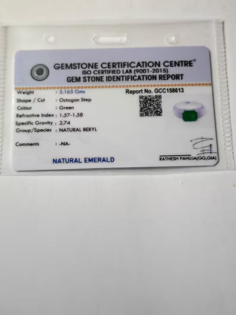 3.50 Ct Octagon Emerald Ring, 925 Sterling Silver, GCC Certified Gemstone