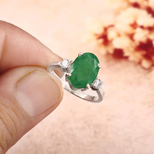 Natural Zambian Emerald Ring, 3.75 Ct Oval, Sterling Silver, GCC Certified