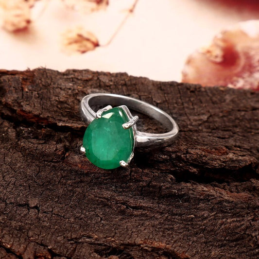 Natural Zambian Emerald Ring, 3.50 Ct Pear Cut, 925 Sterling Silver, GCC Certified