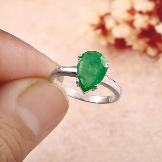 3.60 Ct Natural Zambian Emerald Ring, Pear Cut, 925 Sterling Silver, GCC Certified