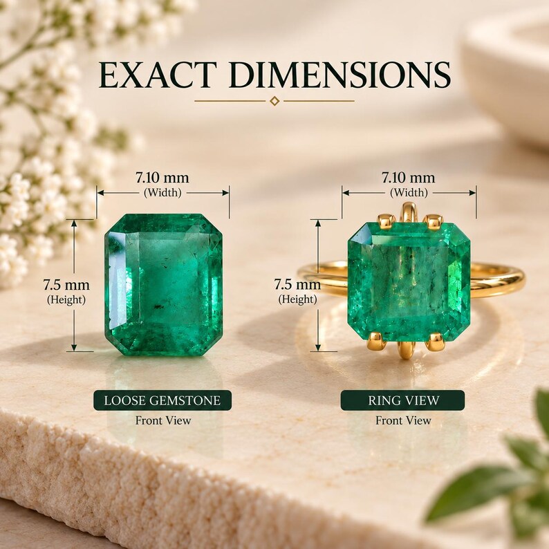 Emerald Cut Green Gemstone Ring, Rectangular Octagon, Gold Tone Setting (7.10 × 7.5 mm)