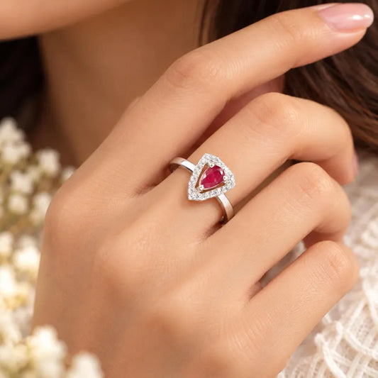 Natural Mozambique Pear Cut Red Gemstone, Halo Ring, Teardrop Engagement Ring, Promise Ring for Her,...