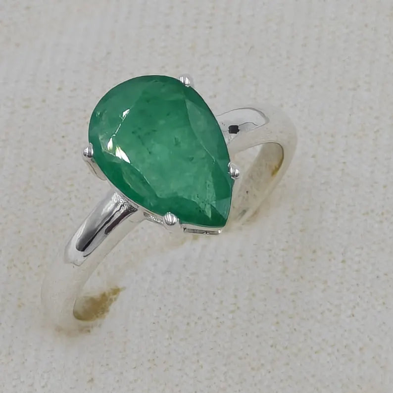 3.60 Ct Natural Zambian Emerald Ring, Pear Cut, 925 Sterling Silver, GCC Certified