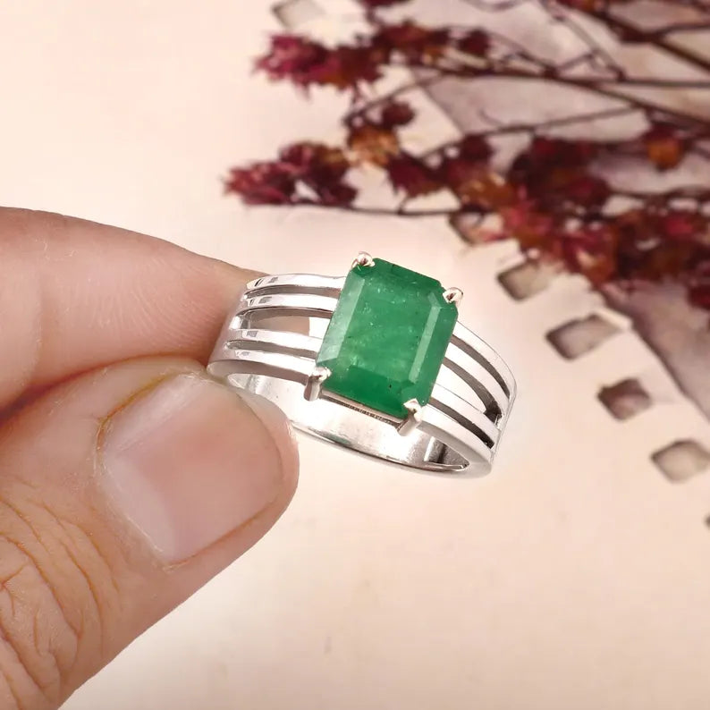 Natural Zambian Emerald Ring, 5.10 Ct Octagon Emerald, 925 Sterling Silver Ring, GCC Certified Emerald, Handmade Gemstone Ring