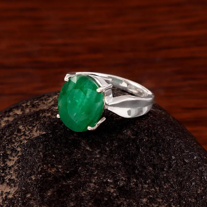 6.50 Ct Zambian Emerald Ring, 925 Sterling Silver, Oval Cut, GCC Certified
