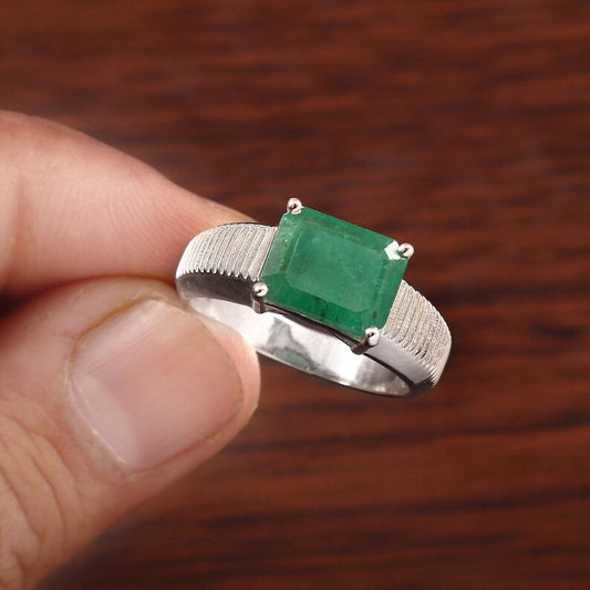 3.50 Ct Octagon Emerald Ring, 925 Sterling Silver, GCC Certified Gemstone