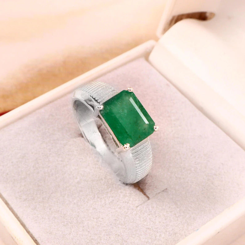 3.50 Ct Octagon Emerald Ring, 925 Sterling Silver, GCC Certified Gemstone