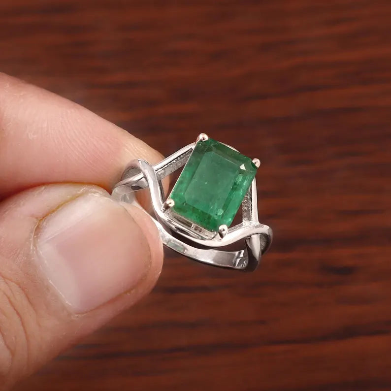 Natural Zambian Emerald Ring, 3.40 Ct Octagon Emerald, 925 Sterling Silver Ring, GCC Certified Emerald, Handmade Gemstone Ring