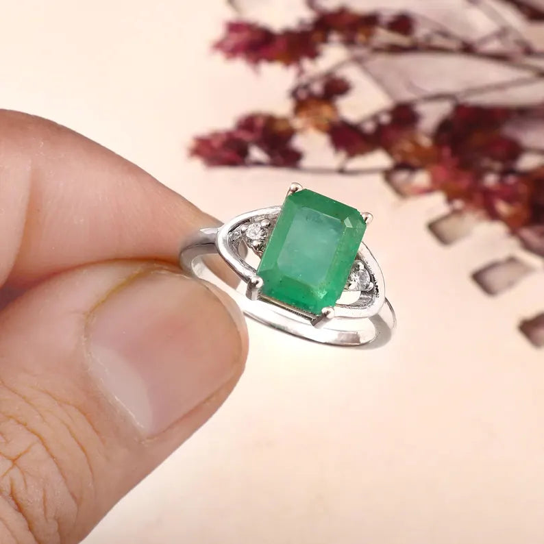 3.20 Ct Natural Zambian Emerald Ring, Octagon Cut, 925 Sterling Silver, GCC Certified