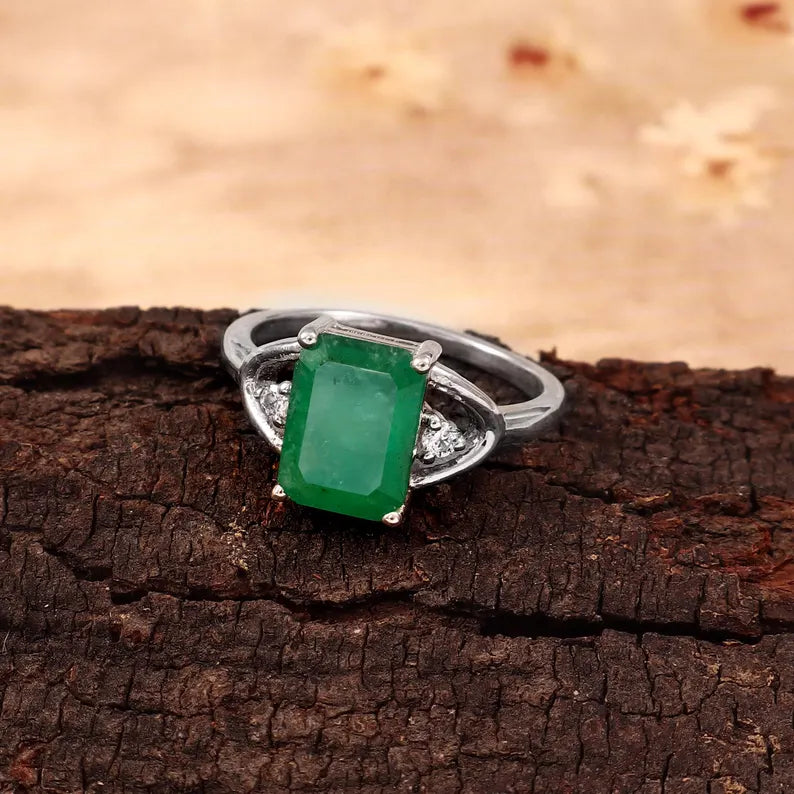 3.20 Ct Natural Zambian Emerald Ring, Octagon Cut, 925 Sterling Silver, GCC Certified