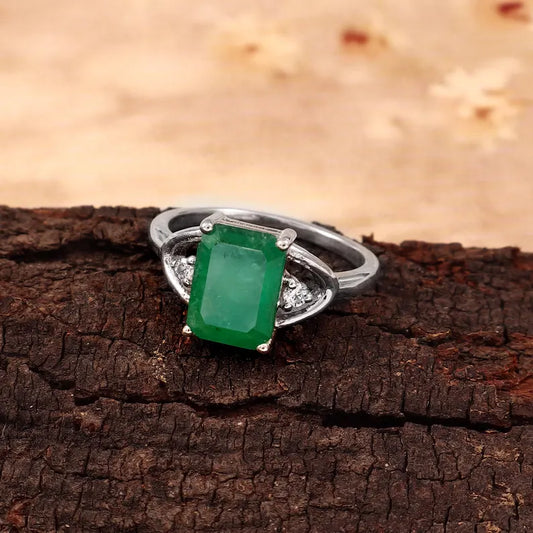 3.20 Ct Natural Zambian Emerald Ring, Octagon Cut, 925 Sterling Silver, GCC Certified