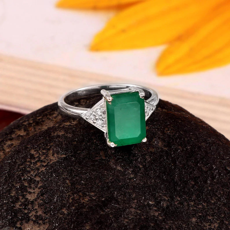 2.90 Ct Zambian Emerald Ring, Octagon Cut, Sterling Silver, GCC Certified