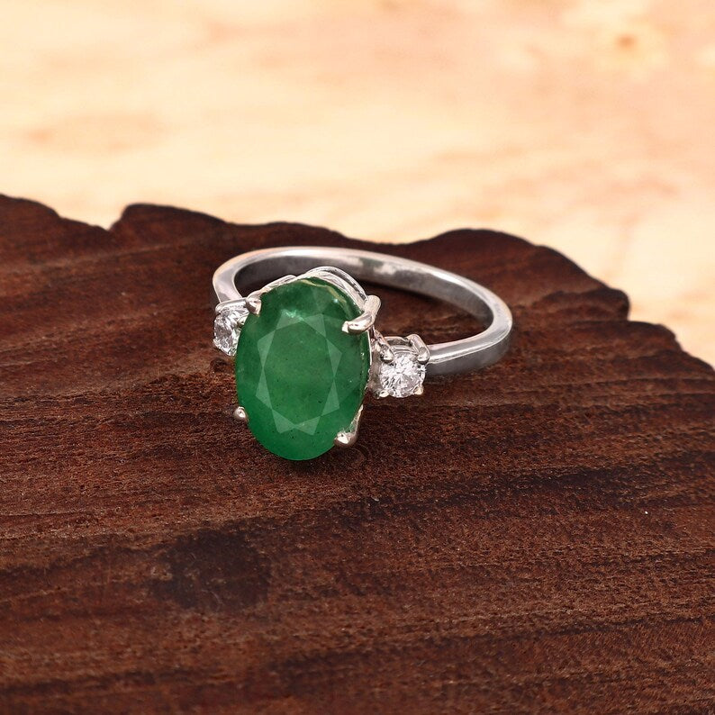 Natural Zambian Emerald Ring, 3.75 Ct Oval, Sterling Silver, GCC Certified