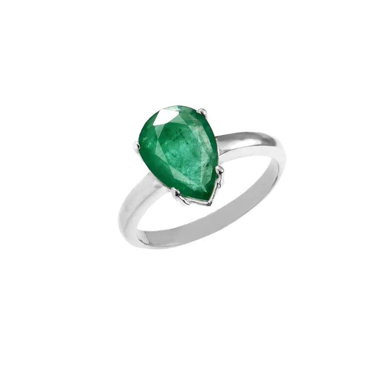 3.60 Ct Natural Zambian Emerald Ring, Pear Cut, 925 Sterling Silver, GCC Certified