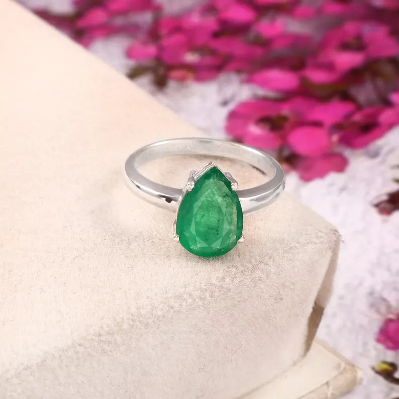 3.60 Ct Natural Zambian Emerald Ring, Pear Cut, 925 Sterling Silver, GCC Certified