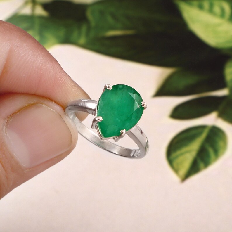 Natural Zambian Emerald Ring, 3.50 Ct Pear Cut, 925 Sterling Silver, GCC Certified