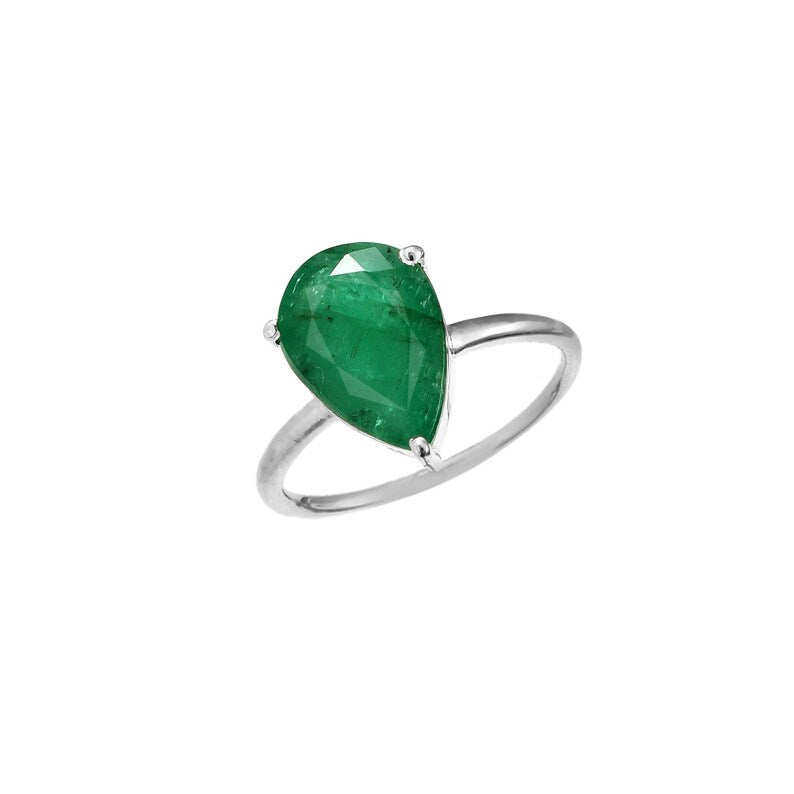 3.43 Ct Natural Zambian Emerald Ring, Pear Cut, 925 Sterling Silver, GCC Certified