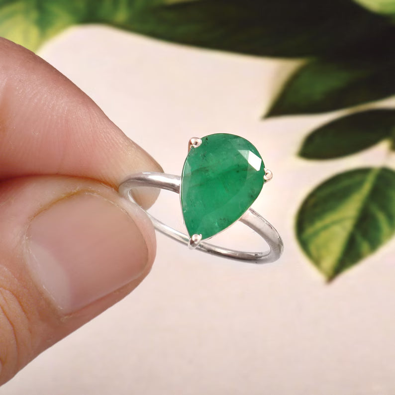 3.43 Ct Natural Zambian Emerald Ring, Pear Cut, 925 Sterling Silver, GCC Certified