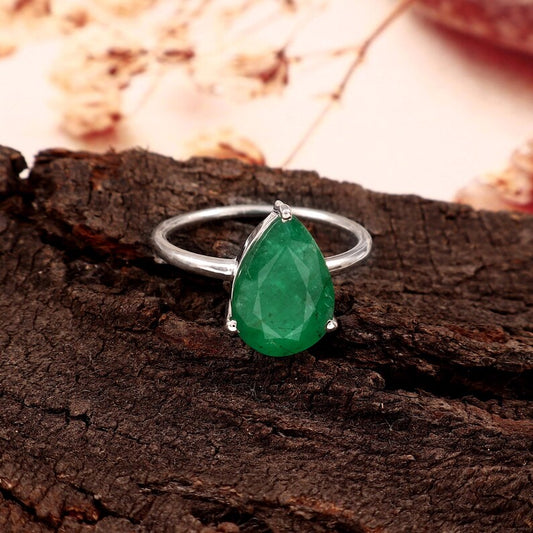 3.43 Ct Natural Zambian Emerald Ring, Pear Cut, 925 Sterling Silver, GCC Certified