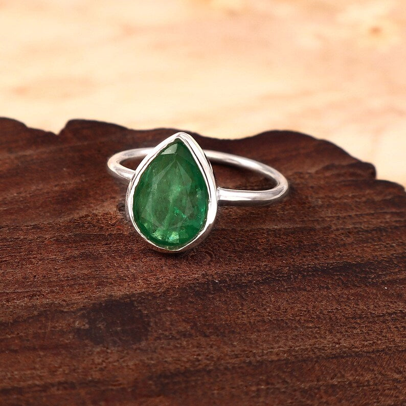 Natural Zambian Emerald Ring, 2.20 Ct Pear Cut, 925 Sterling Silver Bezel (GCC Certified)