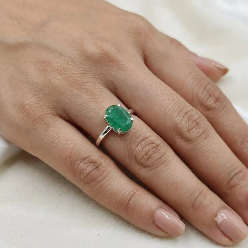 3.50 Ct Natural Zambian Emerald Ring, 925 Sterling Silver, Oval Cut, GCC Certified