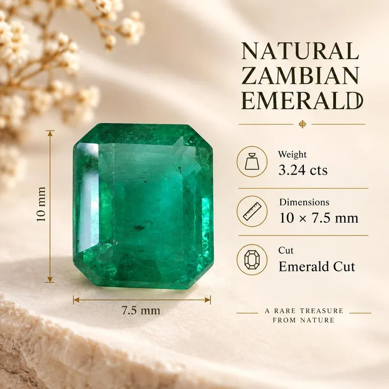 Natural Zambian Emerald 3.24 Ct, Emerald Cut, 10x7.5mm Green Gemstone (Loose Stone)