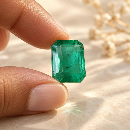 Emerald Cut Green Gemstone Ring, Rectangular Octagon, Gold Tone Setting (7.10 × 7.5 mm)