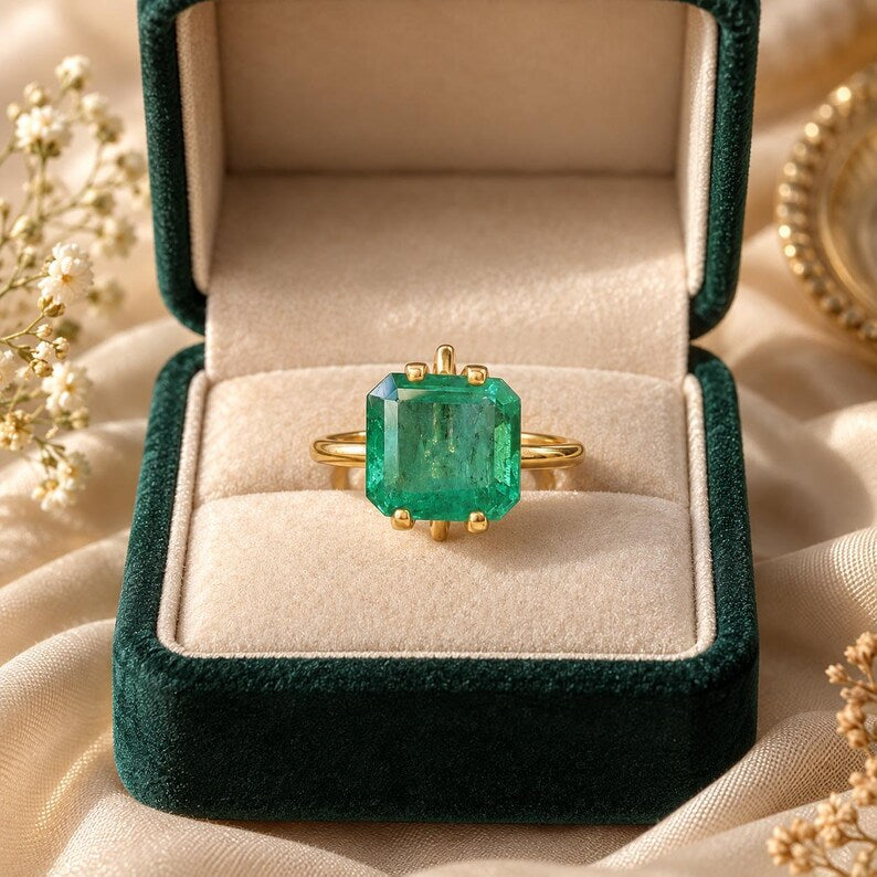 Emerald Cut Green Gemstone Ring, Rectangular Octagon, Gold Tone Setting (7.10 × 7.5 mm)