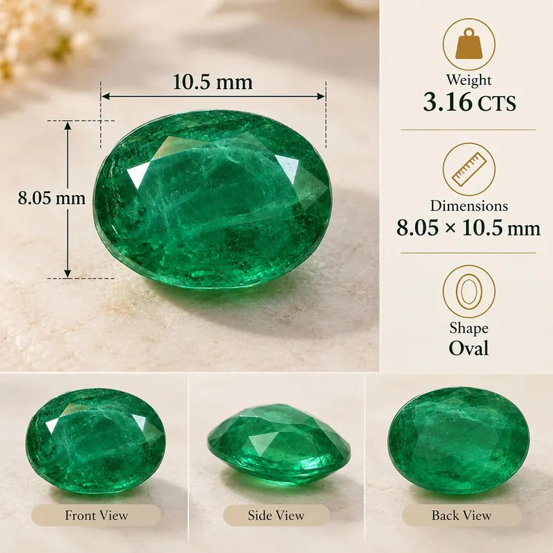 3.16 Ct Oval Faceted Green Gemstone, Custom Jewelry Setting (8.05 × 10.5mm)