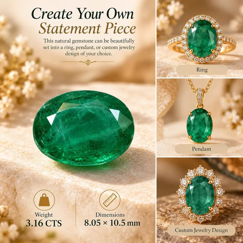 3.16 Ct Oval Faceted Green Gemstone, Custom Jewelry Setting (8.05 × 10.5mm)