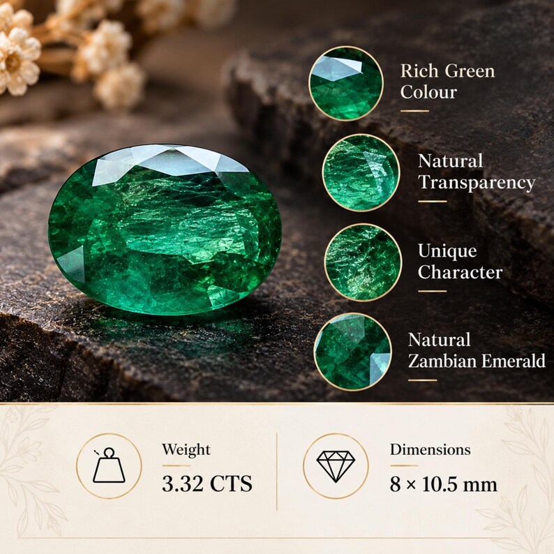 Natural Zambian Emerald 3.32 Ct Oval Gemstone, Rich Green May Birthstone (8x10.5mm)