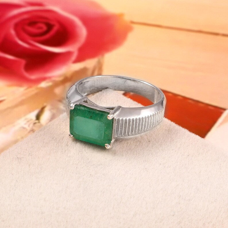 3.50 Ct Octagon Emerald Ring, 925 Sterling Silver, GCC Certified Gemstone