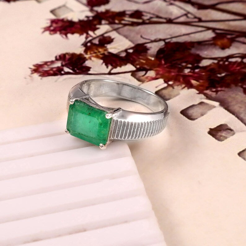 3.50 Ct Octagon Emerald Ring, 925 Sterling Silver, GCC Certified Gemstone