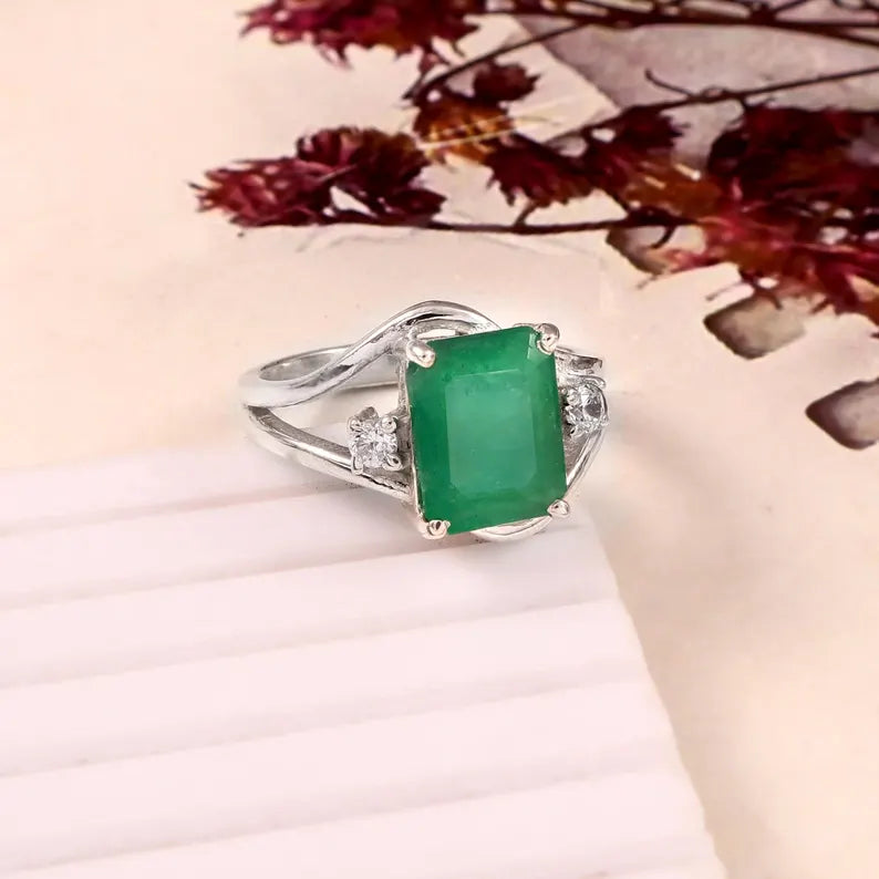 Natural Zambian Emerald Ring, 3.25 ct Octagon Emerald, 925 Sterling Silver Ring, GCC Certified Emerald, Handmade Gemstone Ring