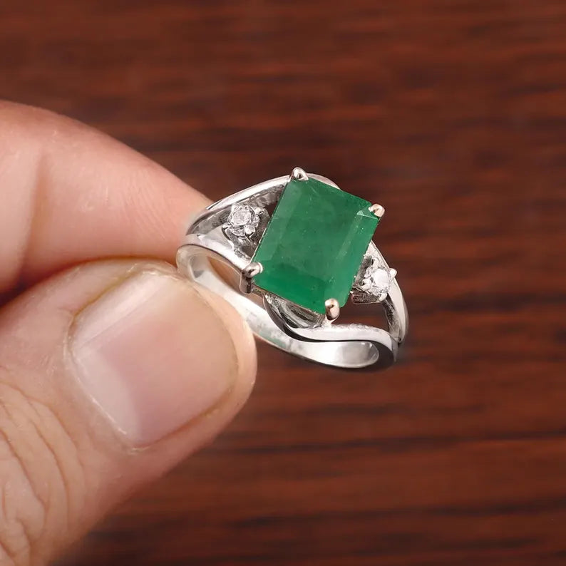 Natural Zambian Emerald Ring, 3.25 ct Octagon Emerald, 925 Sterling Silver Ring, GCC Certified Emerald, Handmade Gemstone Ring