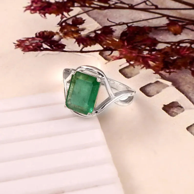 Natural Zambian Emerald Ring, 3.40 Ct Octagon Emerald, 925 Sterling Silver Ring, GCC Certified Emerald, Handmade Gemstone Ring