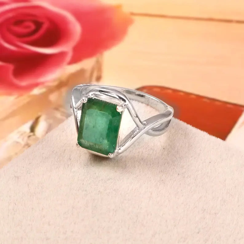 Natural Zambian Emerald Ring, 3.40 Ct Octagon Emerald, 925 Sterling Silver Ring, GCC Certified Emerald, Handmade Gemstone Ring