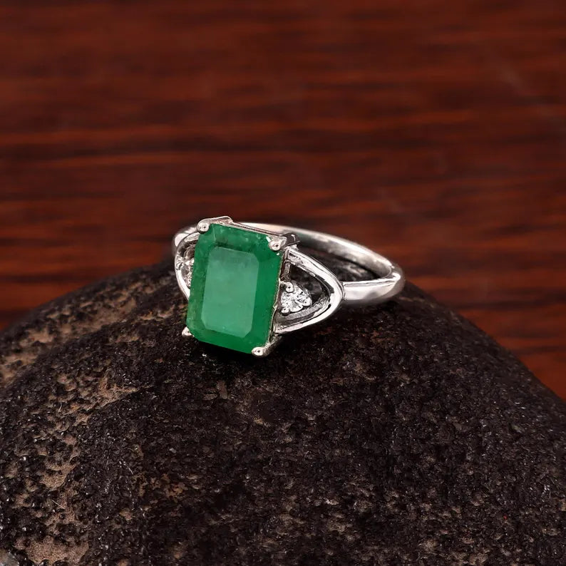 3.20 Ct Natural Zambian Emerald Ring, Octagon Cut, 925 Sterling Silver, GCC Certified