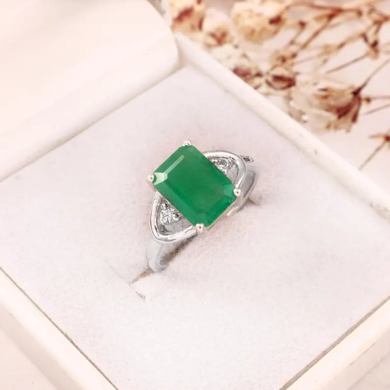 3.20 Ct Natural Zambian Emerald Ring, Octagon Cut, 925 Sterling Silver, GCC Certified