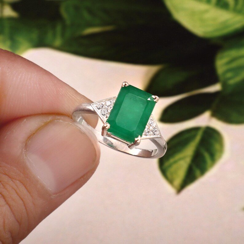 2.90 Ct Zambian Emerald Ring, Octagon Cut, Sterling Silver, GCC Certified