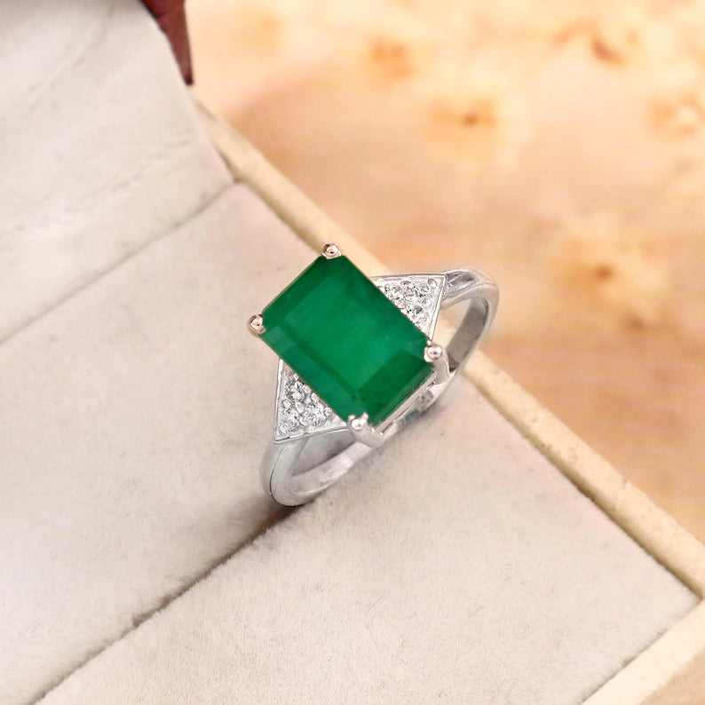 2.90 Ct Zambian Emerald Ring, Octagon Cut, Sterling Silver, GCC Certified