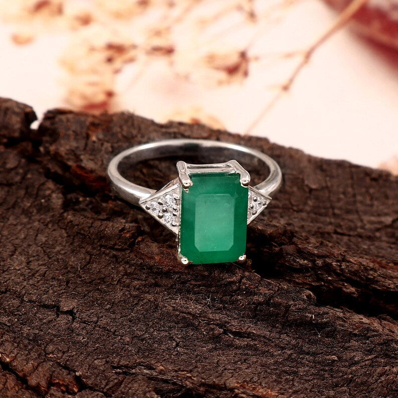 2.90 Ct Zambian Emerald Ring, Octagon Cut, Sterling Silver, GCC Certified