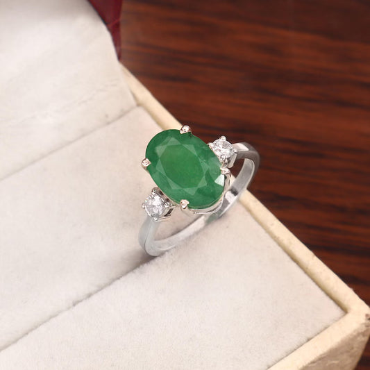 Natural Zambian Emerald Ring, 3.75 Ct Oval, Sterling Silver, GCC Certified