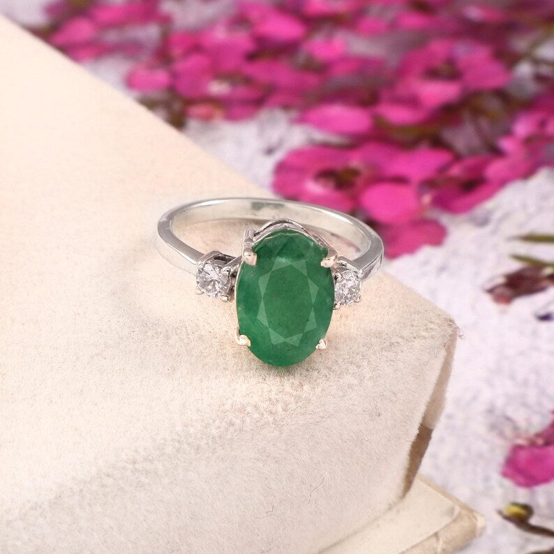Natural Zambian Emerald Ring, 3.75 Ct Oval, Sterling Silver, GCC Certified