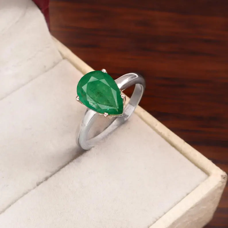 3.60 Ct Natural Zambian Emerald Ring, Pear Cut, 925 Sterling Silver, GCC Certified