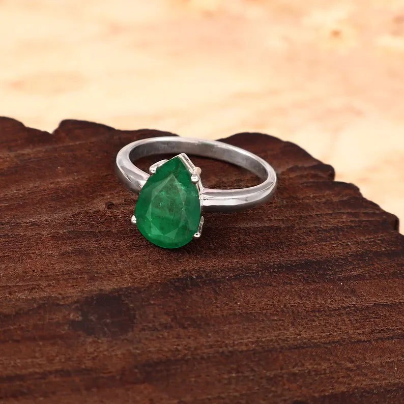 3.60 Ct Natural Zambian Emerald Ring, Pear Cut, 925 Sterling Silver, GCC Certified