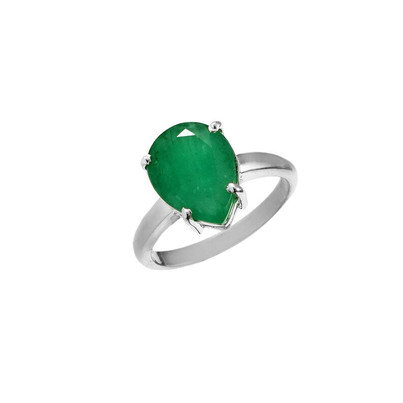 Natural Zambian Emerald Ring, 3.50 Ct Pear Cut, 925 Sterling Silver, GCC Certified