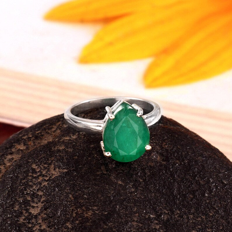 Natural Zambian Emerald Ring, 3.50 Ct Pear Cut, 925 Sterling Silver, GCC Certified