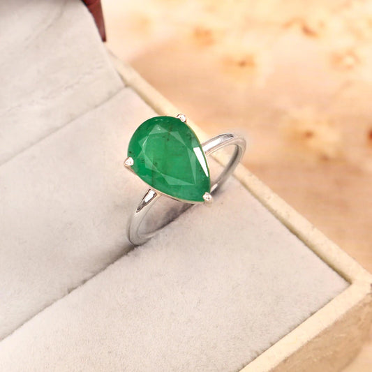 3.43 Ct Natural Zambian Emerald Ring, Pear Cut, 925 Sterling Silver, GCC Certified