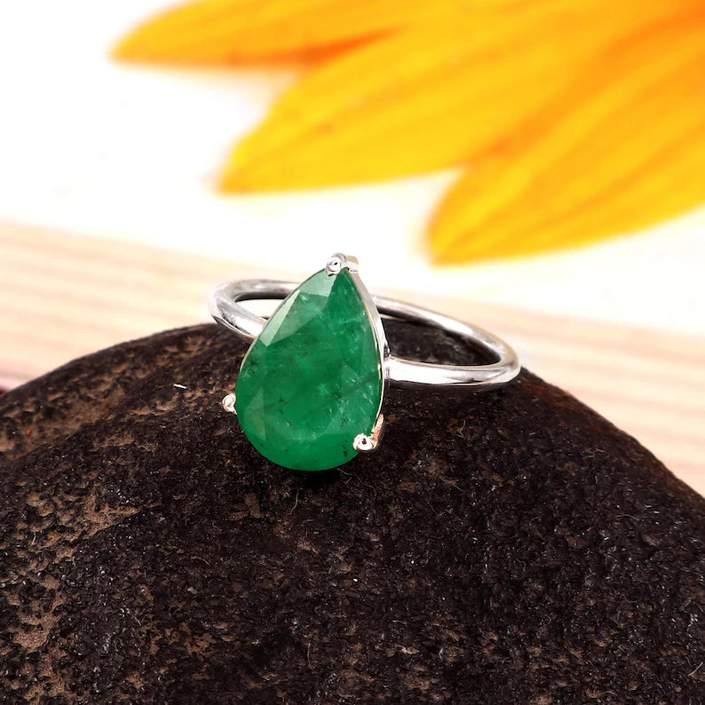 3.43 Ct Natural Zambian Emerald Ring, Pear Cut, 925 Sterling Silver, GCC Certified